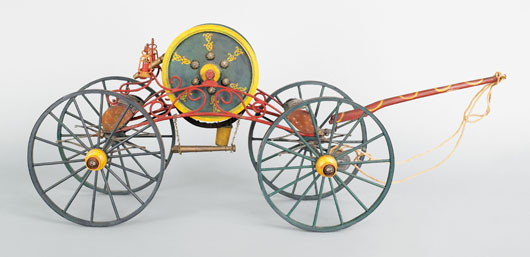 Early 20th-century painted wood model of a spider-type hand-drawn hose reel carriage, retaining a vibrant polychrome surface, 10 1/4 inches high x 26 inches wide. Image courtesy of Pook & Pook Inc.